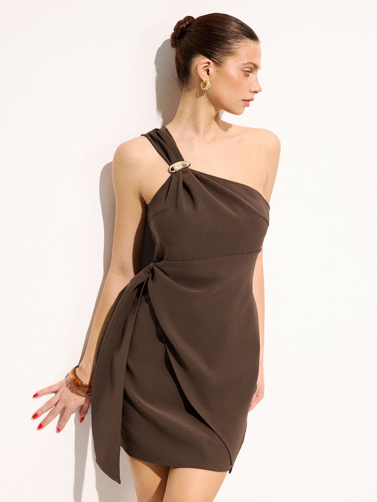 One Shoulder Metal Buckle Mini Dress