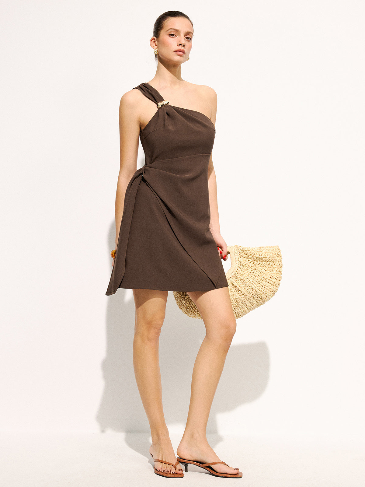 One Shoulder Metal Buckle Mini Dress