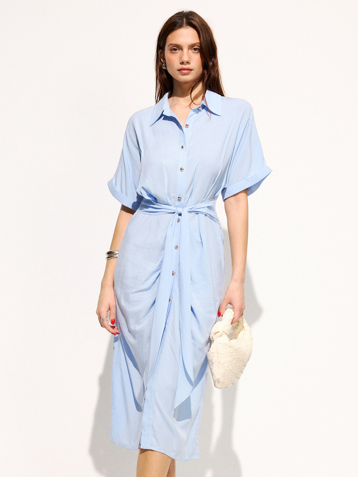 Tie-Waist Short Sleeve Maxi Shirt Dress