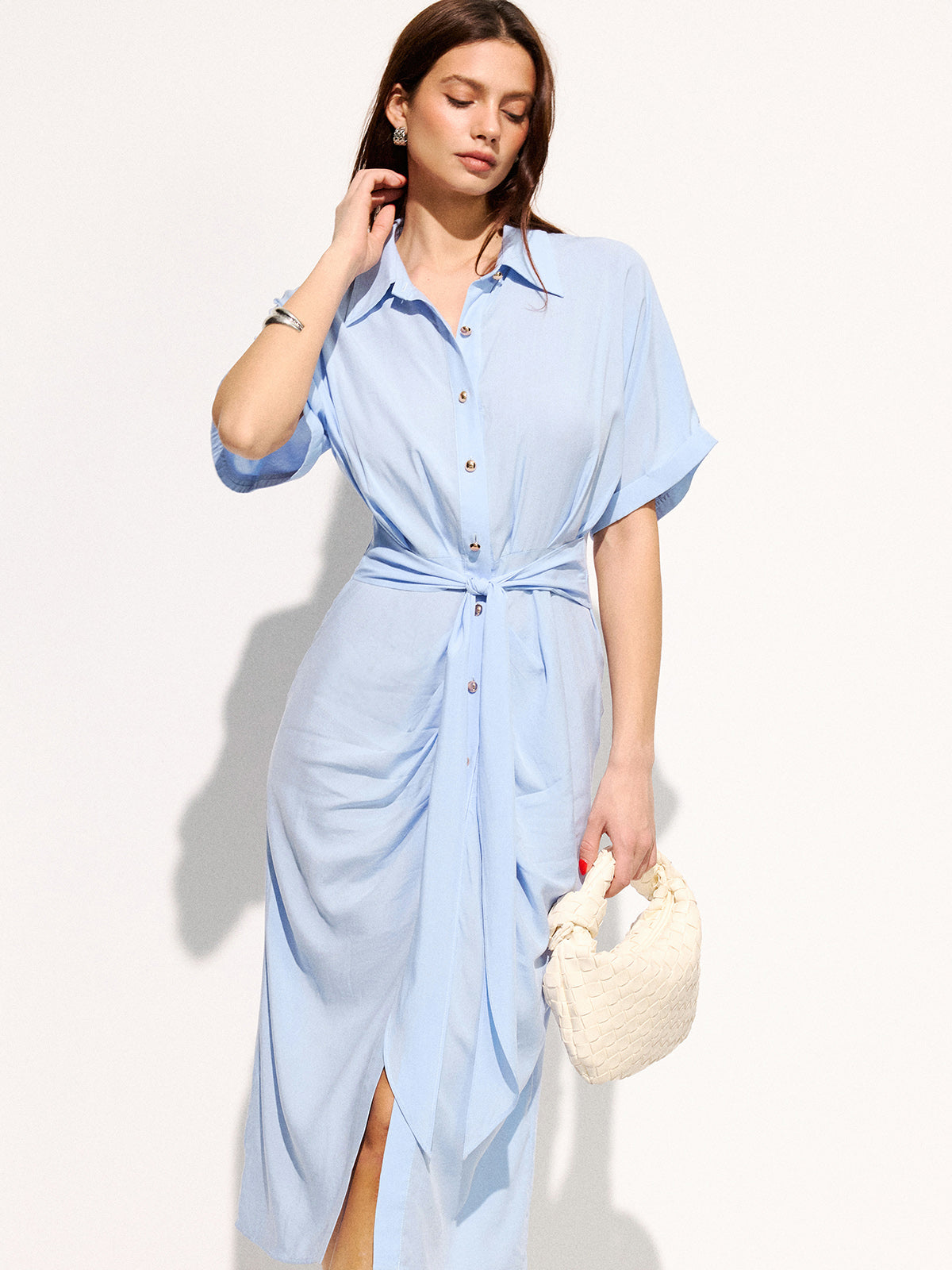 Tie-Waist Short Sleeve Maxi Shirt Dress