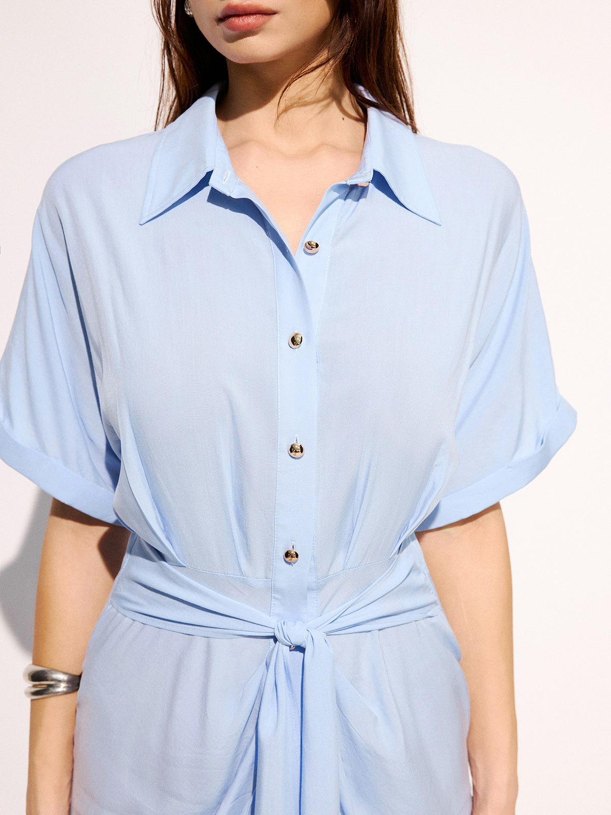 Tie-Waist Short Sleeve Maxi Shirt Dress