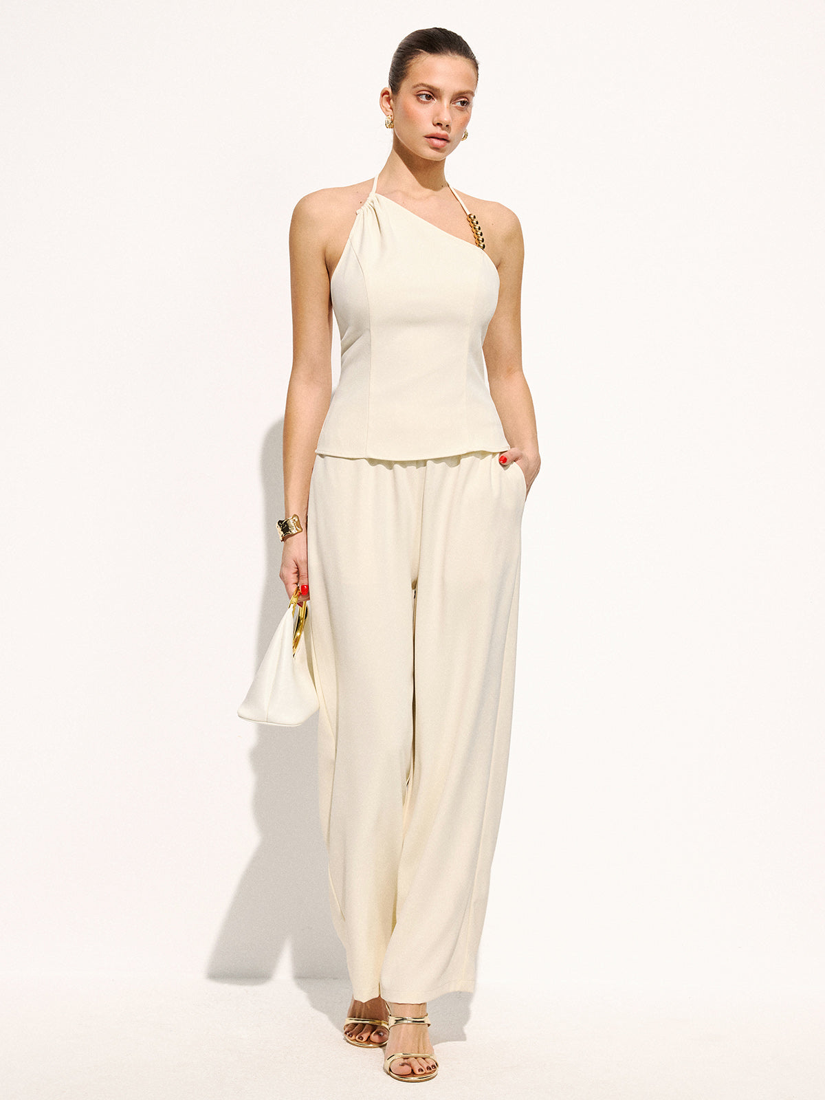 Bead Detail Asymmetric Halter Top & Pants Set