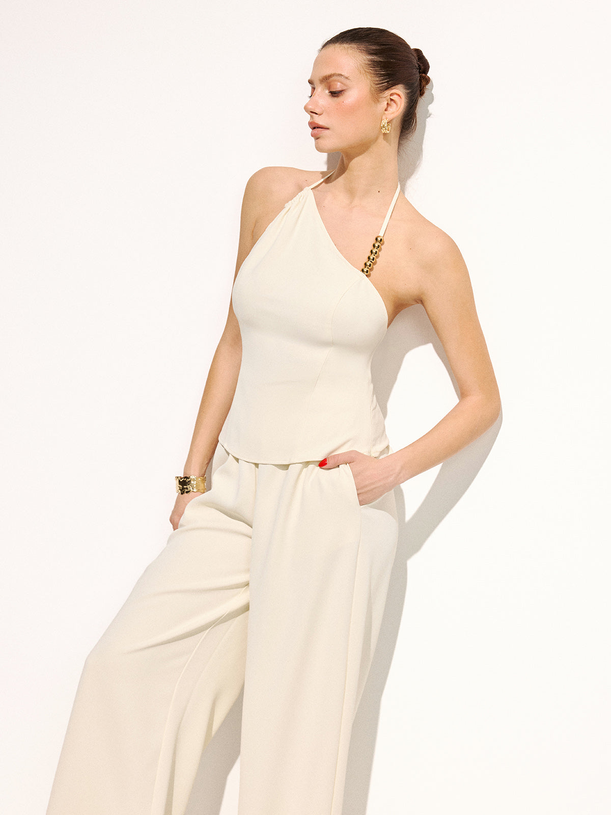 Bead Detail Asymmetric Halter Top & Pants Set