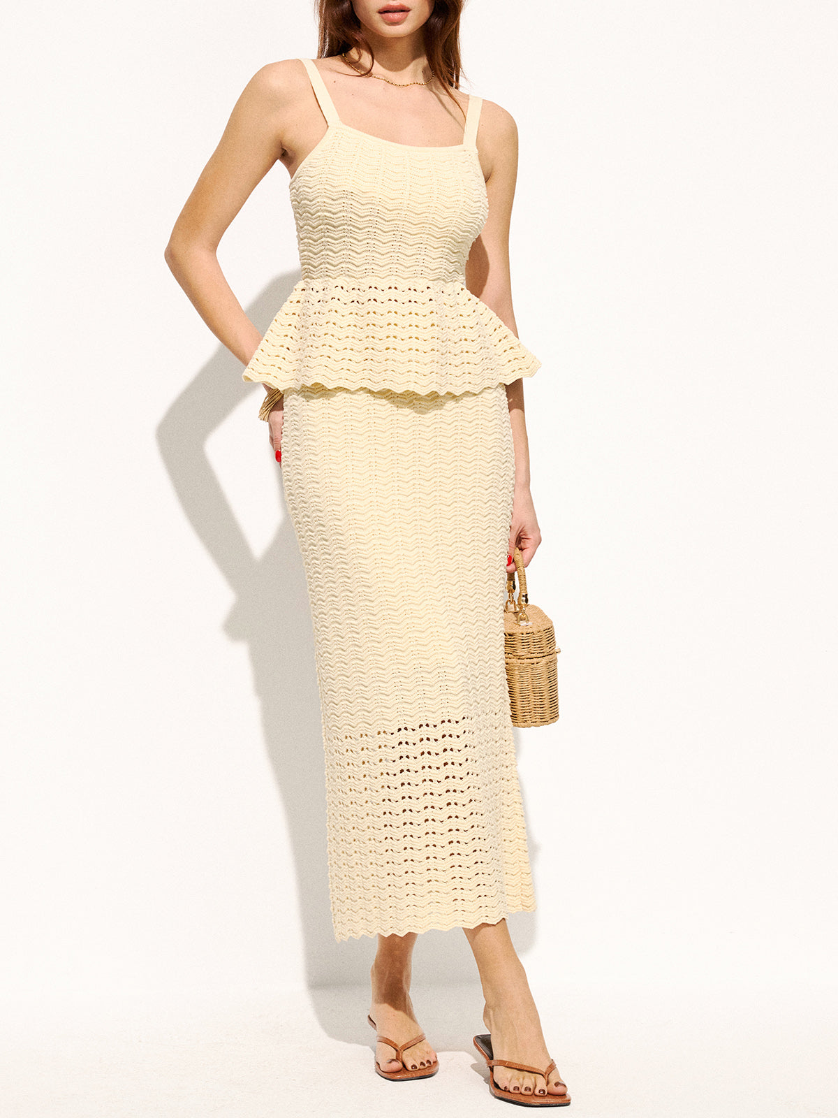 Wave Crochet Peplum Top & Midi Skirt Set
