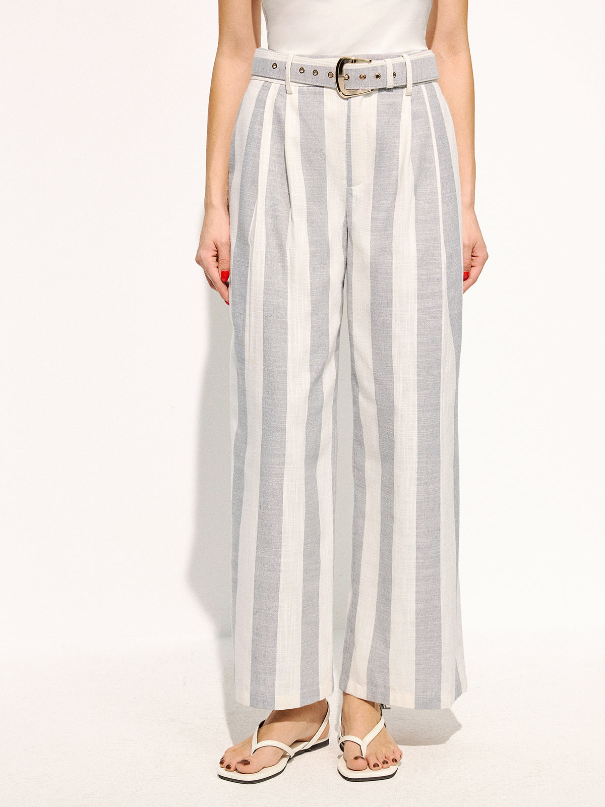 Belted Striped Cotton Linen Wide Leg Pants