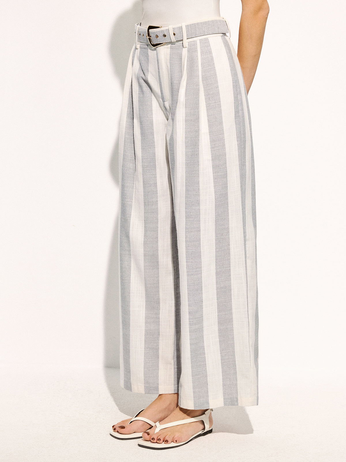 Belted Striped Cotton Linen Wide Leg Pants