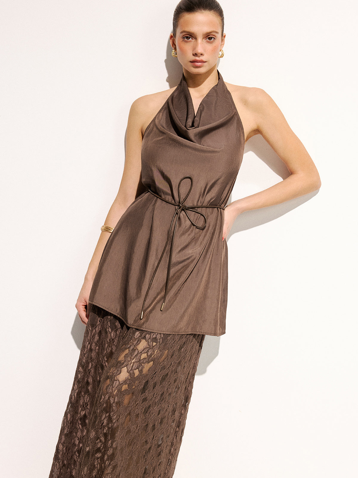 Halter Cowl Neck Top & Lace Maxi Skirt Set