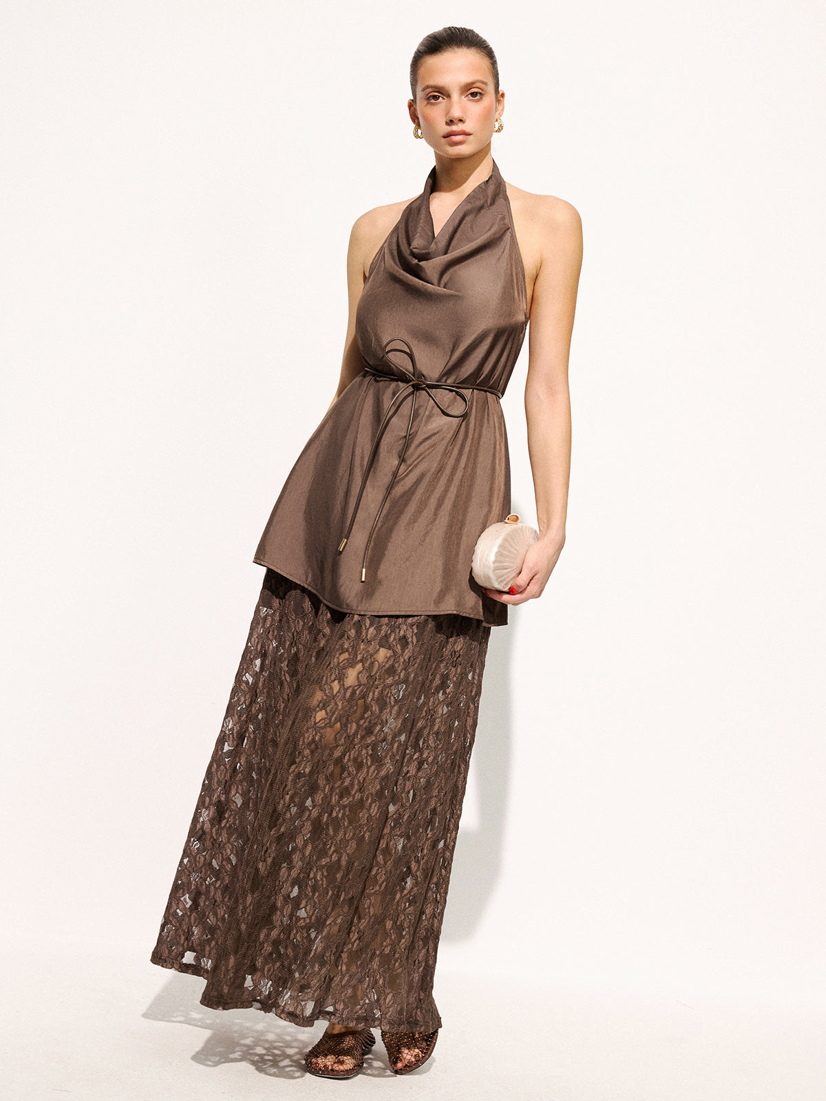 Halter Cowl Neck Top & Lace Maxi Skirt Set