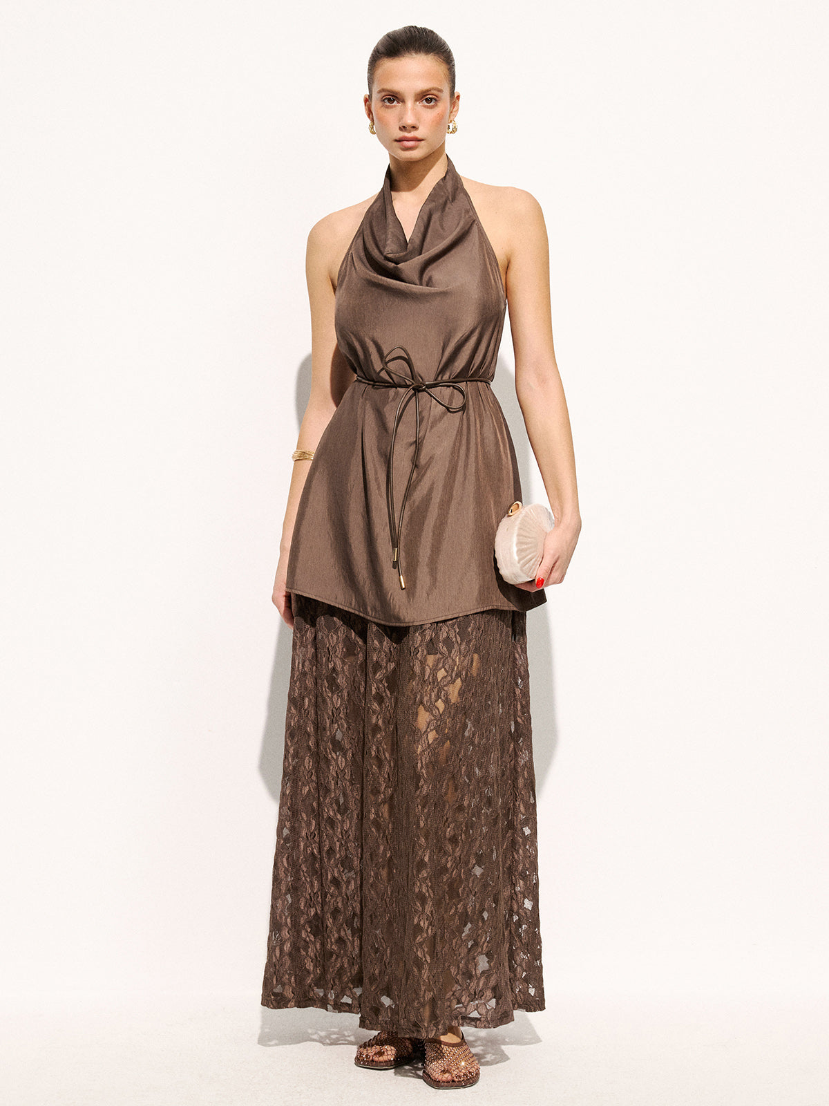 Halter Cowl Neck Top & Lace Maxi Skirt Set