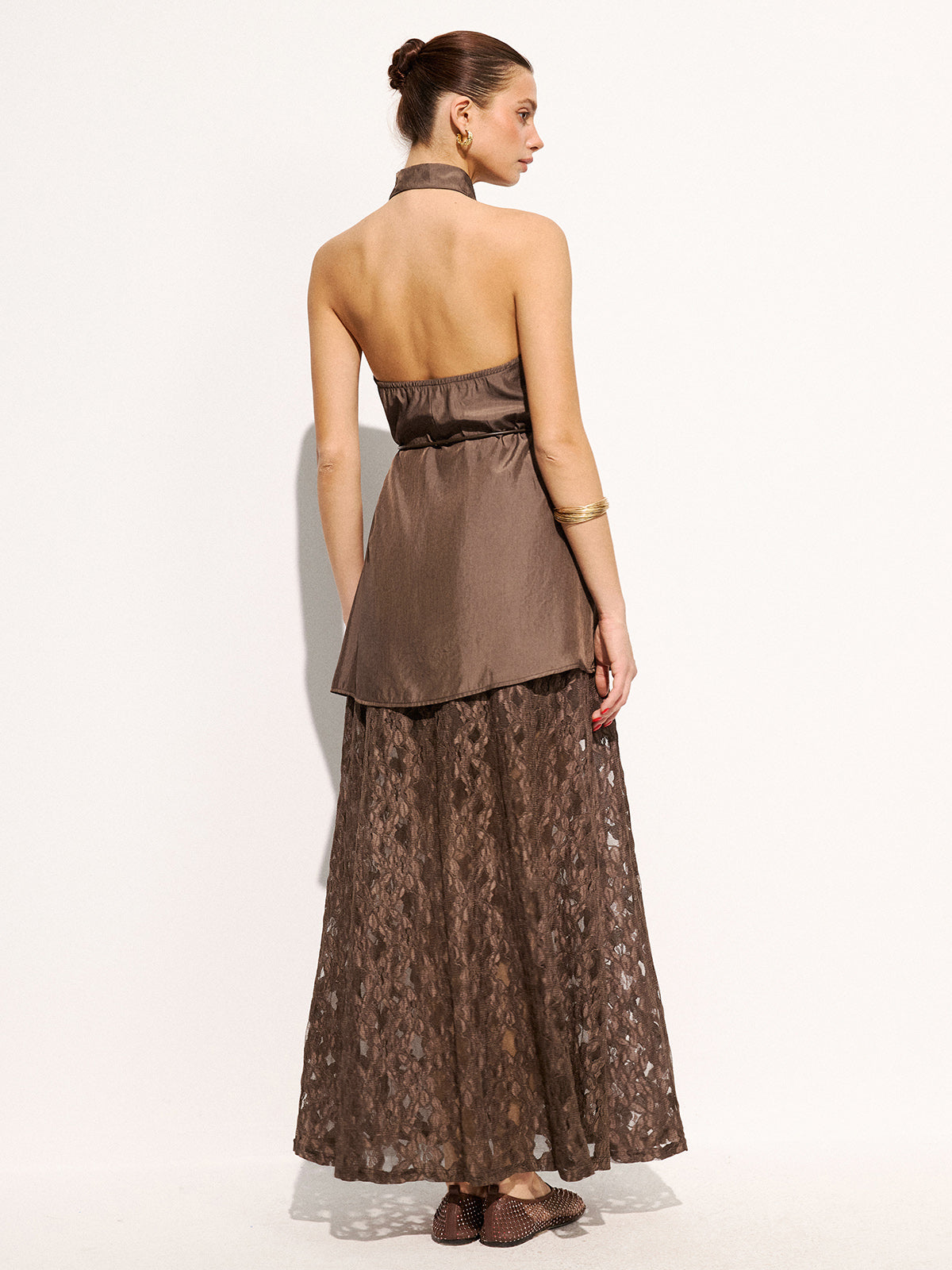 Halter Cowl Neck Top & Lace Maxi Skirt Set