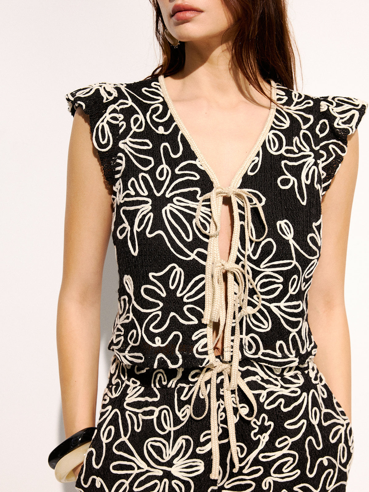 Abstract Floral Tie-Front Top & Shorts Set