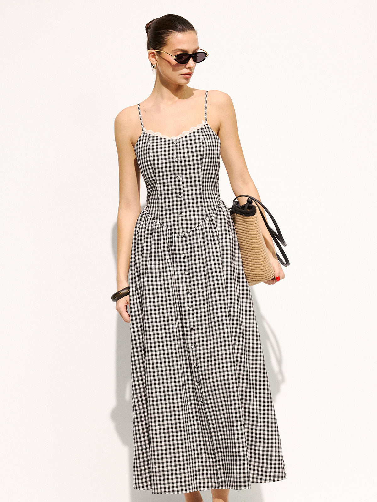 Gingham Cotton Lace Trim Cami Midi Dress