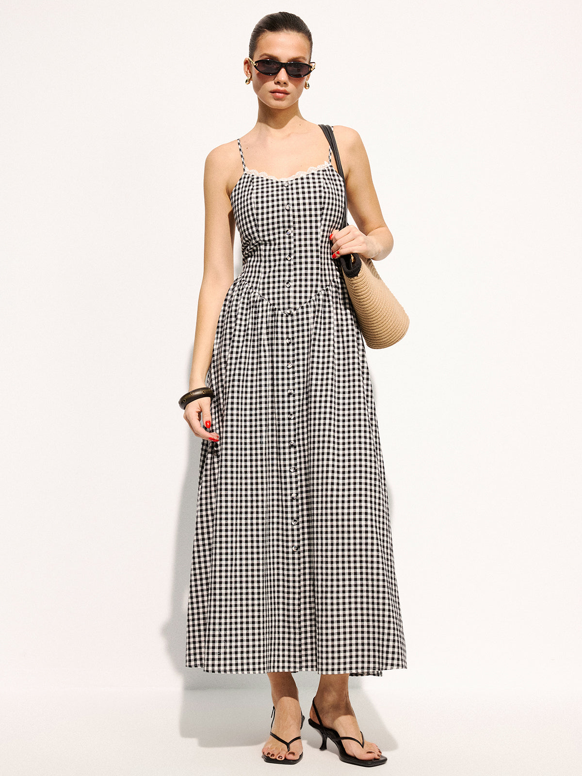 Gingham Cotton Lace Trim Cami Midi Dress