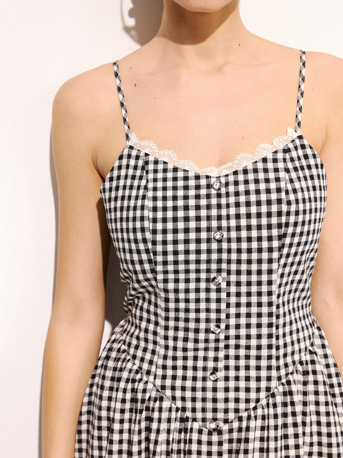 Gingham Cotton Lace Trim Cami Midi Dress