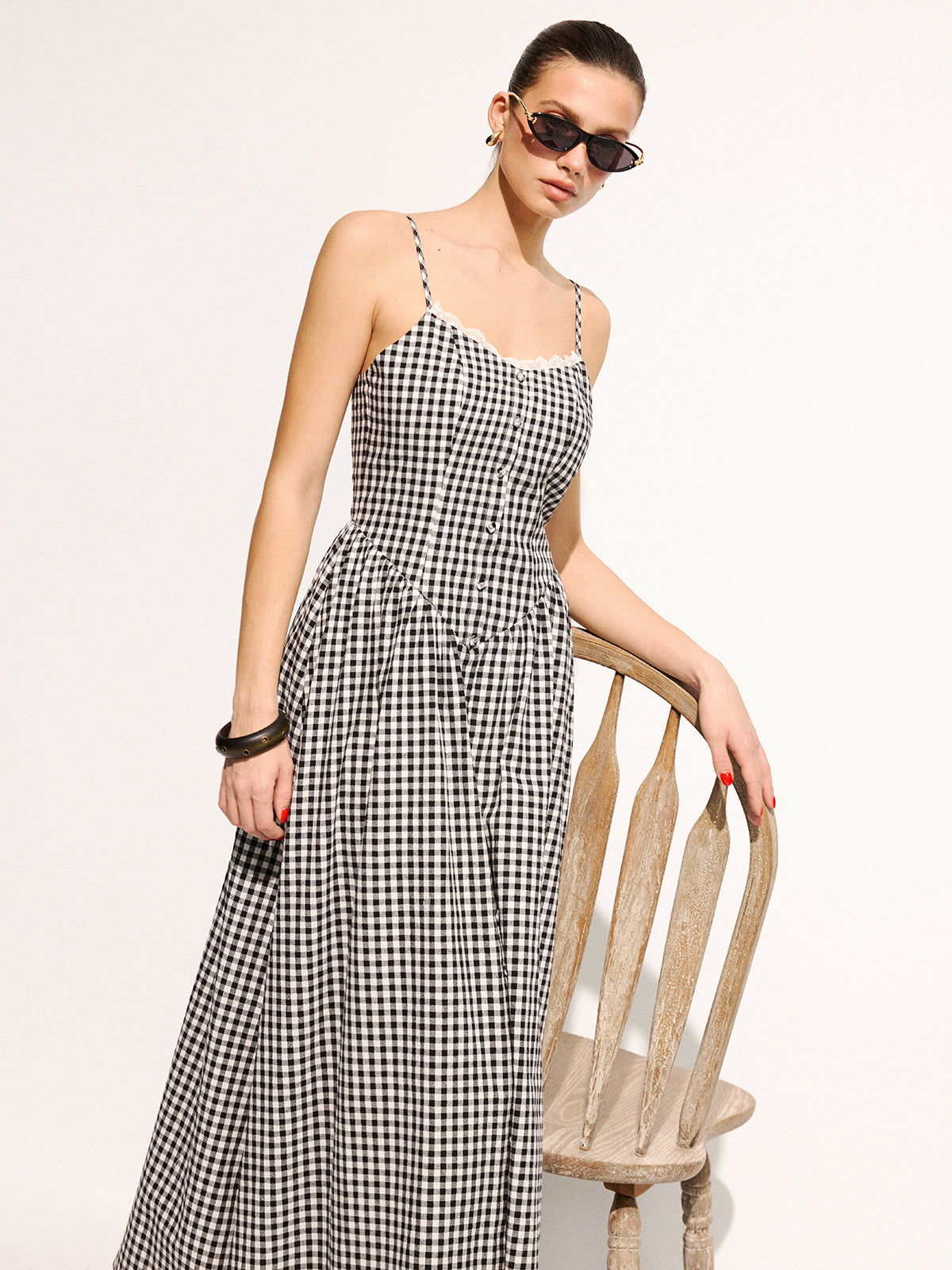 Gingham Cotton Lace Trim Cami Midi Dress