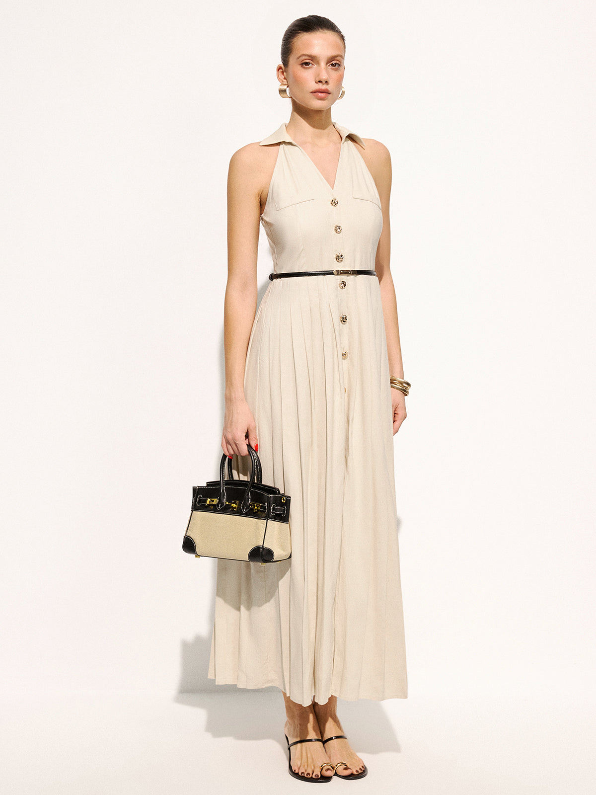 Linen Blend Belted Collared Pleated Maxi Dress