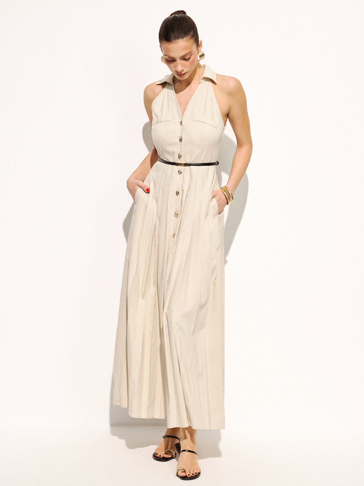 Linen Blend Belted Collared Pleated Maxi Dress