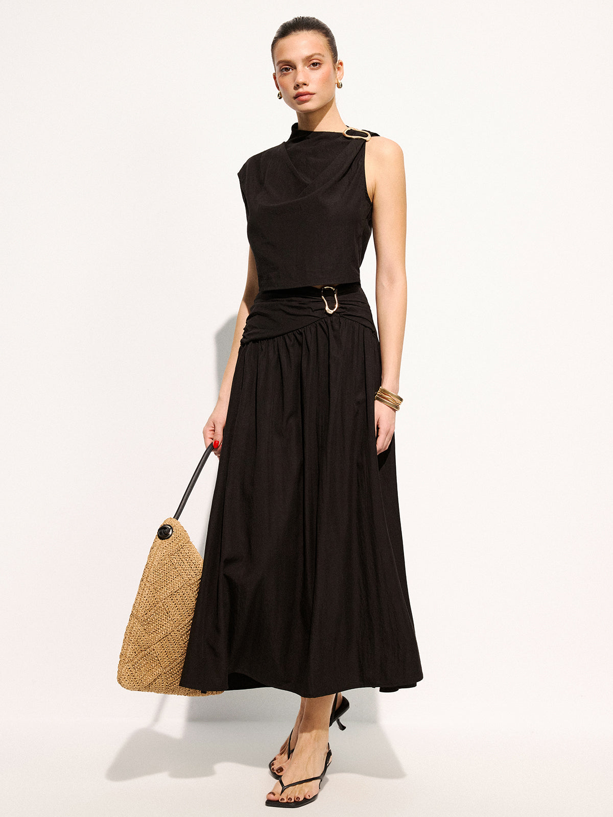 Metal Buckle Sleeveless Top & Midi Skirt Set