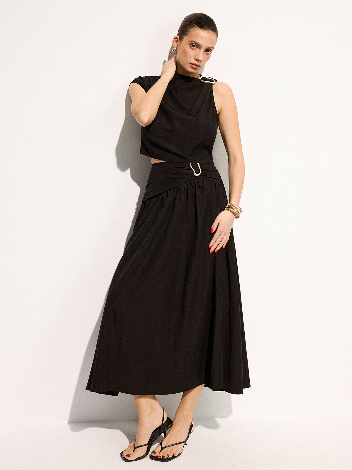 Metal Buckle Sleeveless Top & Midi Skirt Set