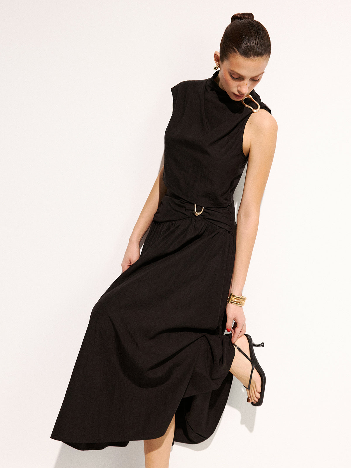 Metal Buckle Sleeveless Top & Midi Skirt Set