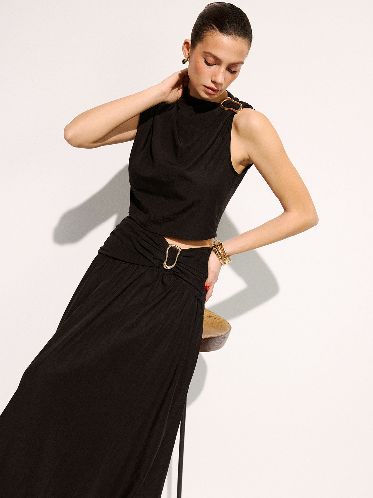 Metal Buckle Sleeveless Top & Midi Skirt Set