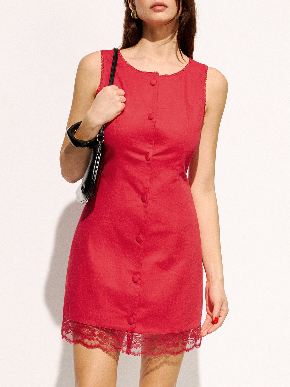 Cotton Button-Front Lace Trim Mini Dress