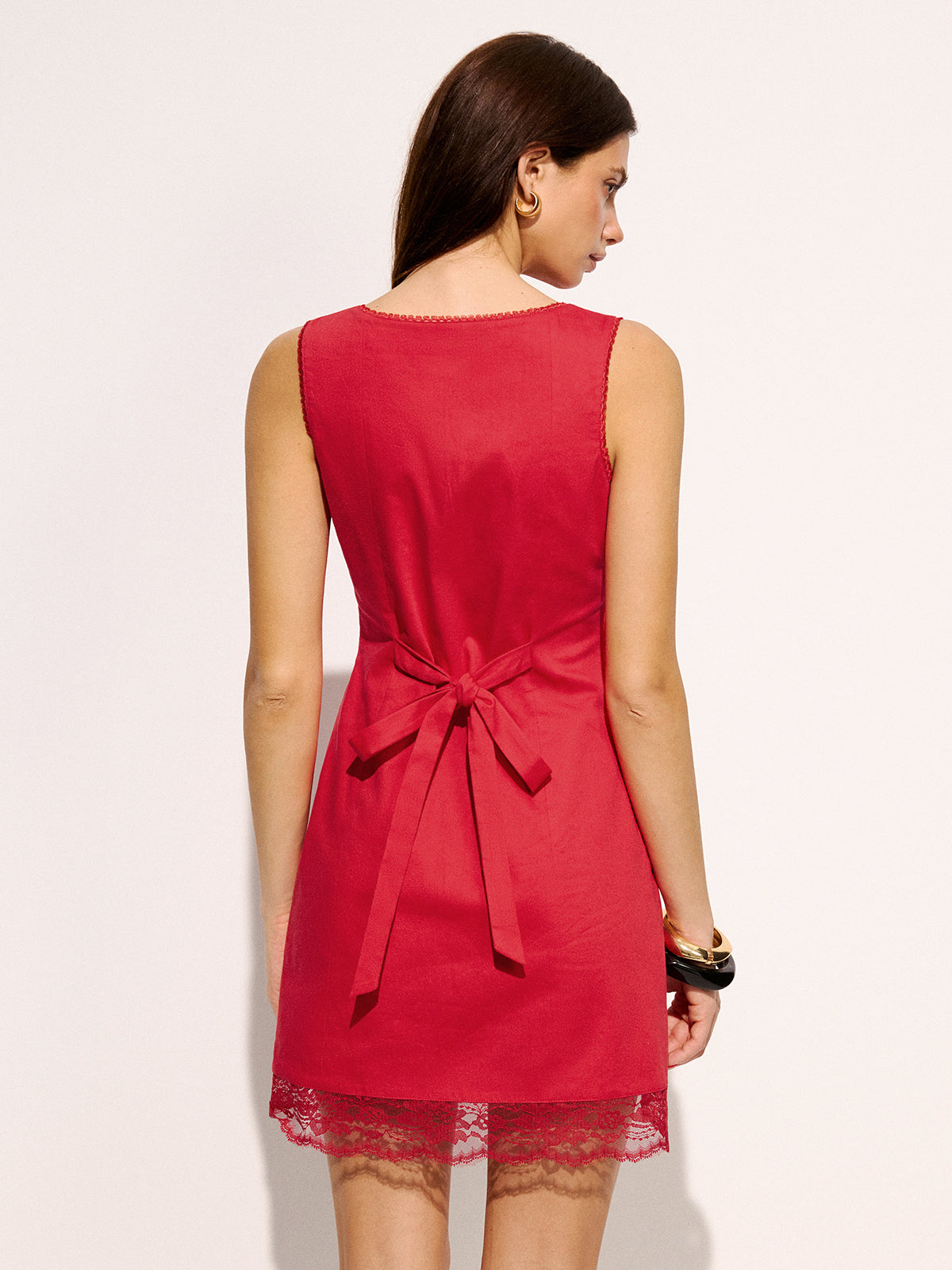 Cotton Button-Front Lace Trim Mini Dress