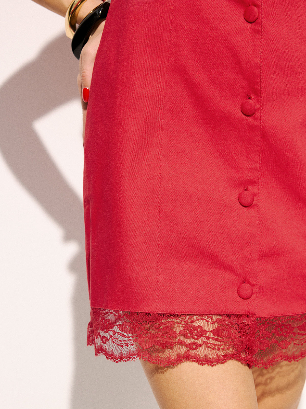 Cotton Button-Front Lace Trim Mini Dress