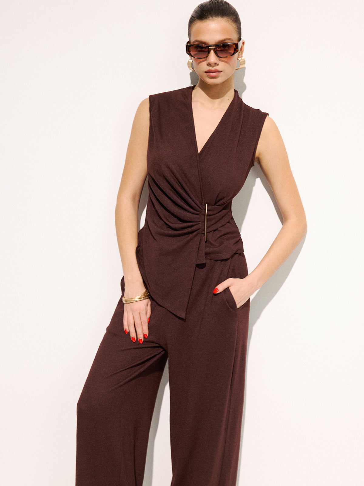 Metal Detail Ruched Top & Pants Set