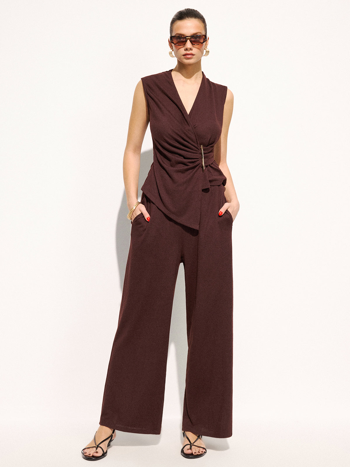 Metal Detail Ruched Top & Pants Set