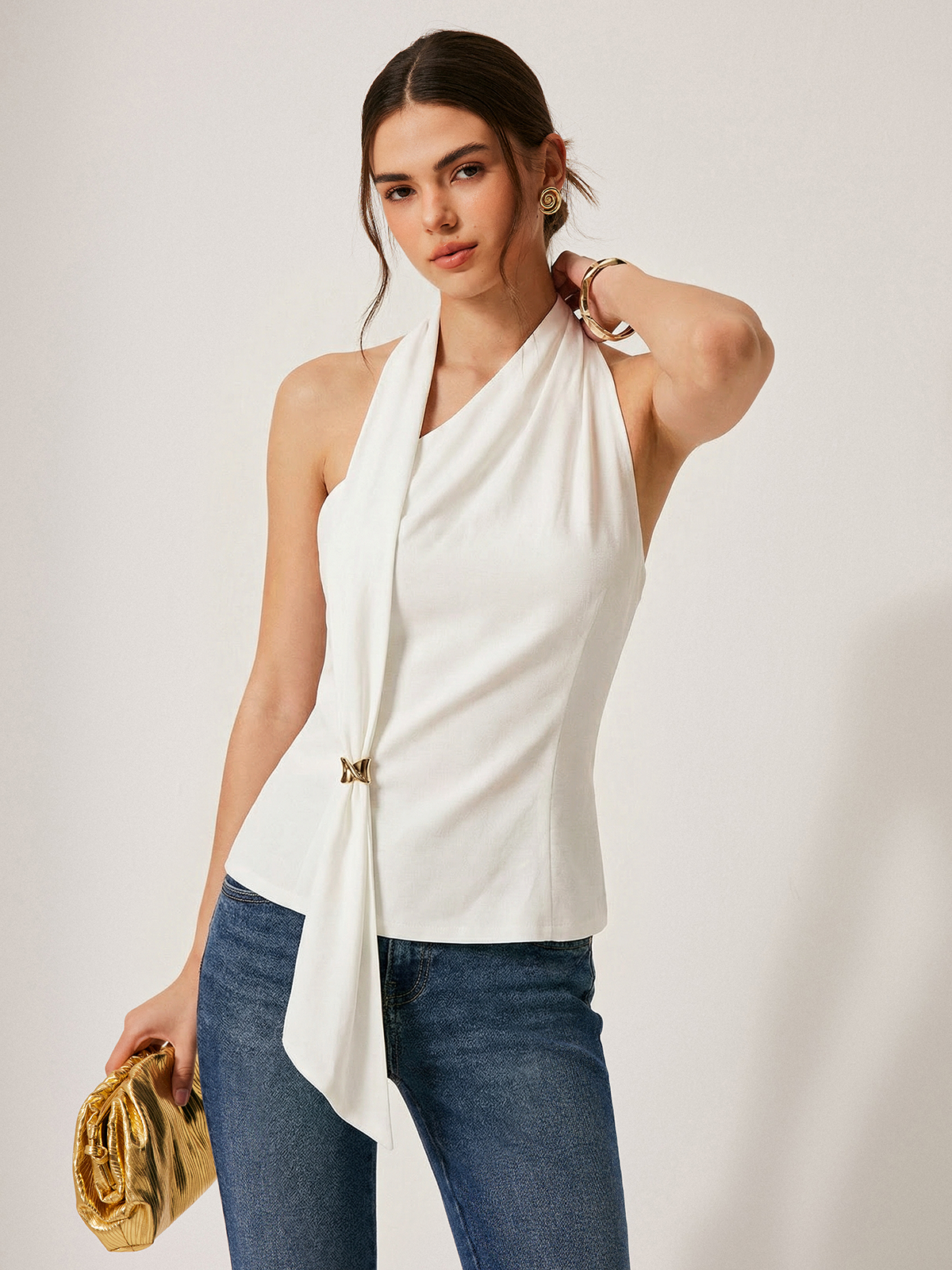 Metal Buckle Draped Halter Top