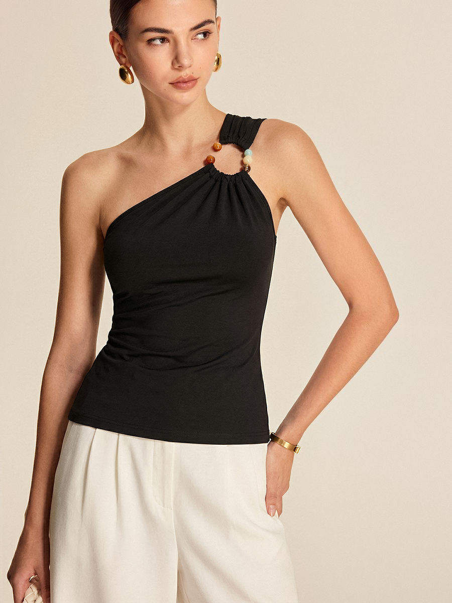 One Shoulder Beaded Fitted Tank Top