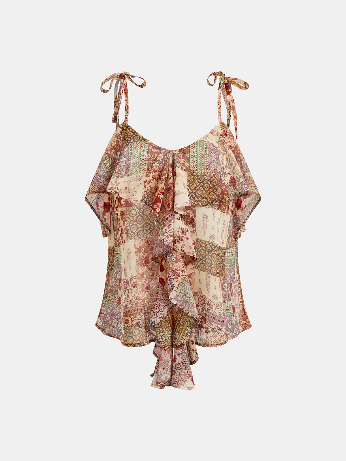 Tie Strap Ruffled Patchwork Floral Cami Top