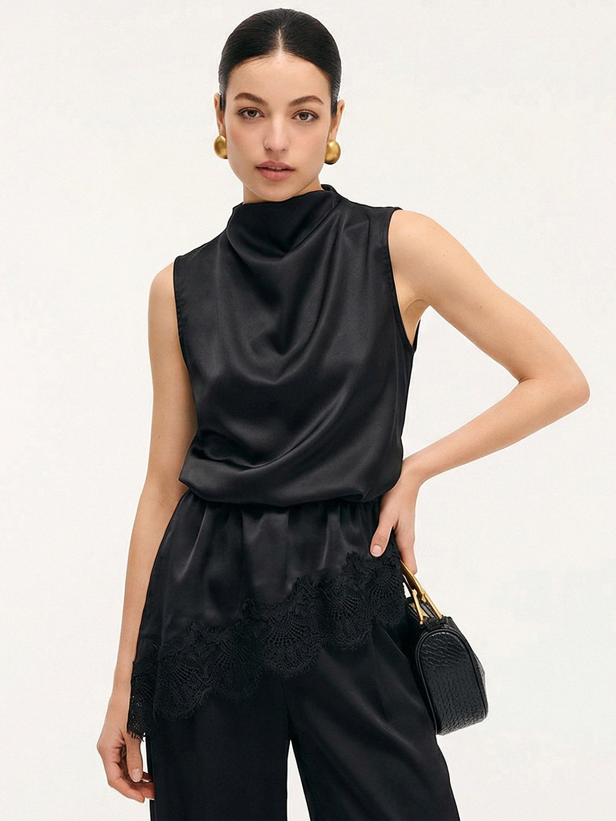 Satin-Tanktop mit Spitzenbesatz