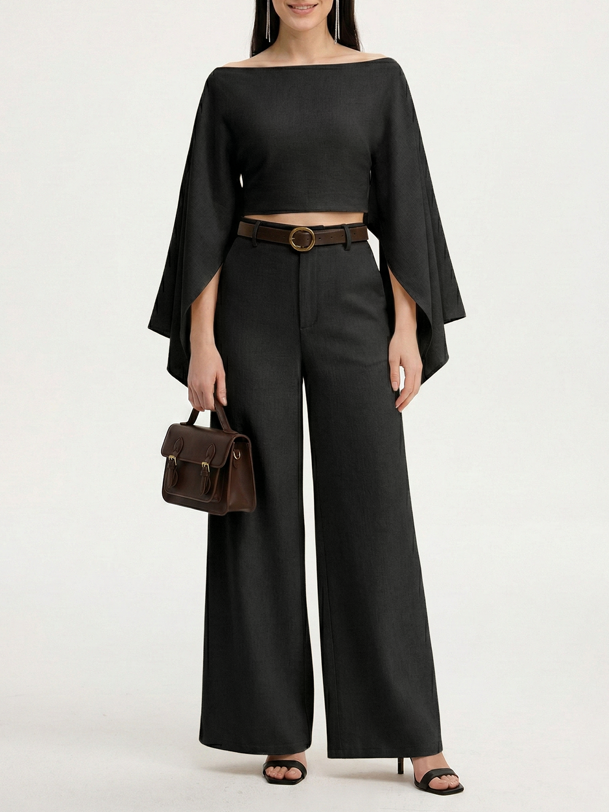 Pantalon large en lin mélangé ceinturé