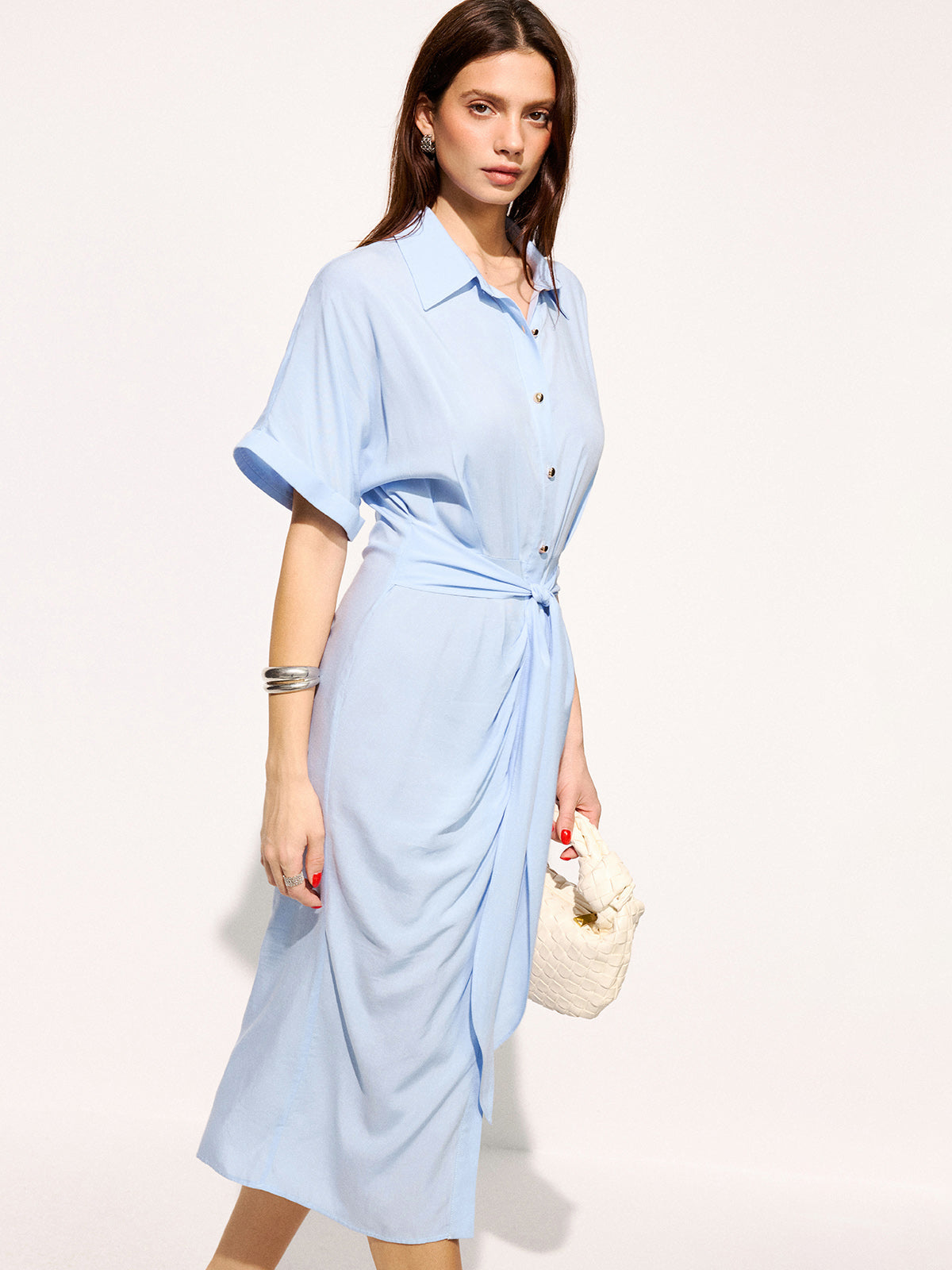 Tie-Waist Short Sleeve Maxi Shirt Dress