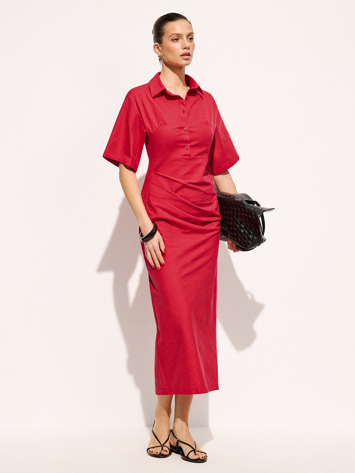 Robe midi chemise plissée en coton