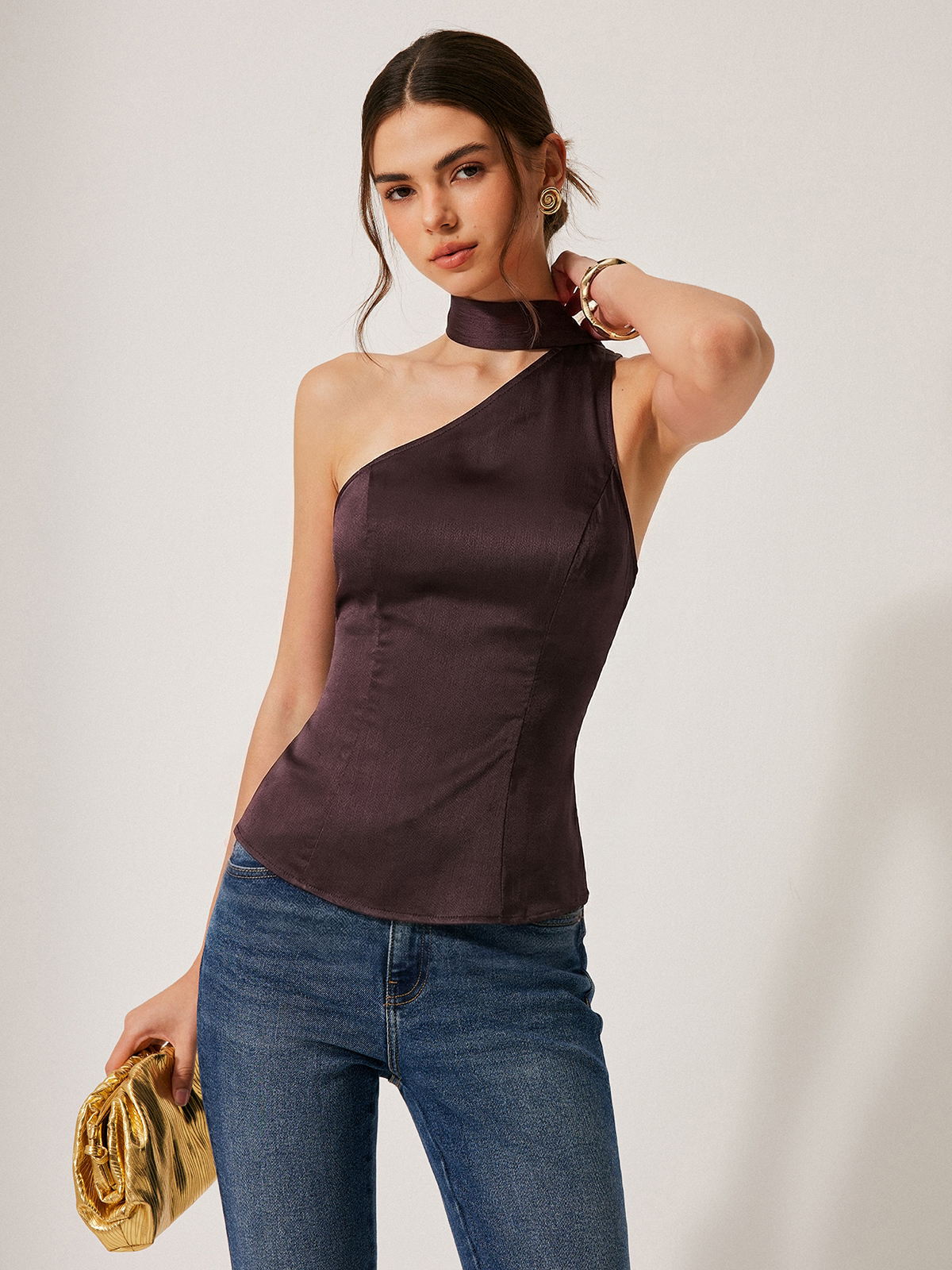 One-Shoulder Halter Tie Fitted Top