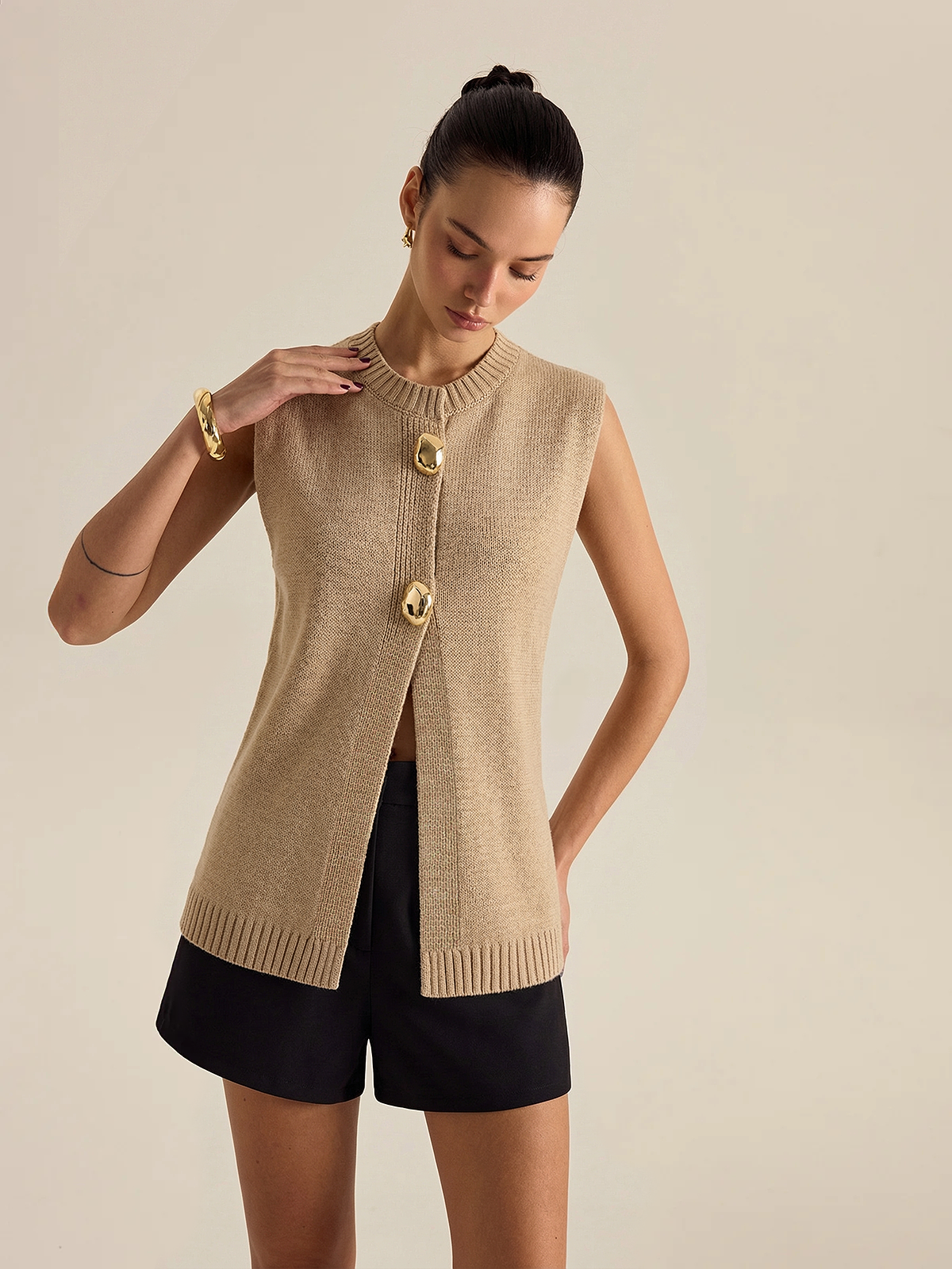 Metal Button Wool Blend Sweater Vest