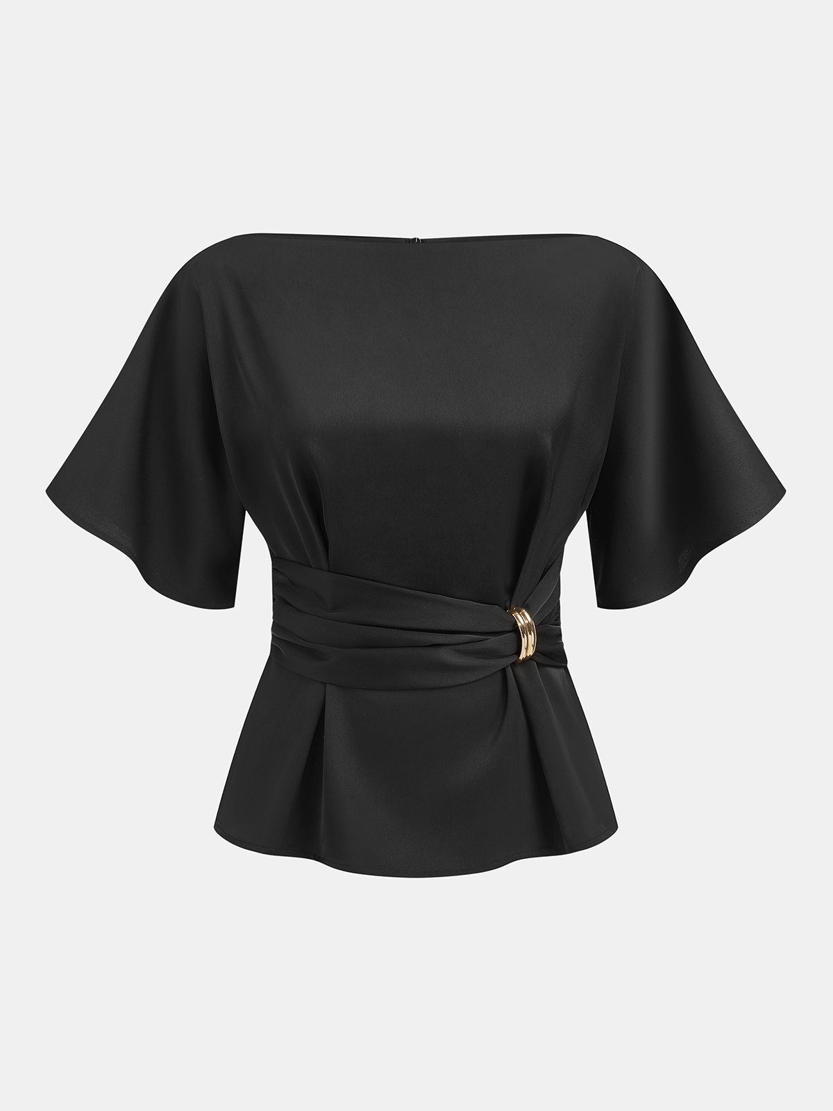 Metal Buckle Boat Neck Cinched Waist Blouse