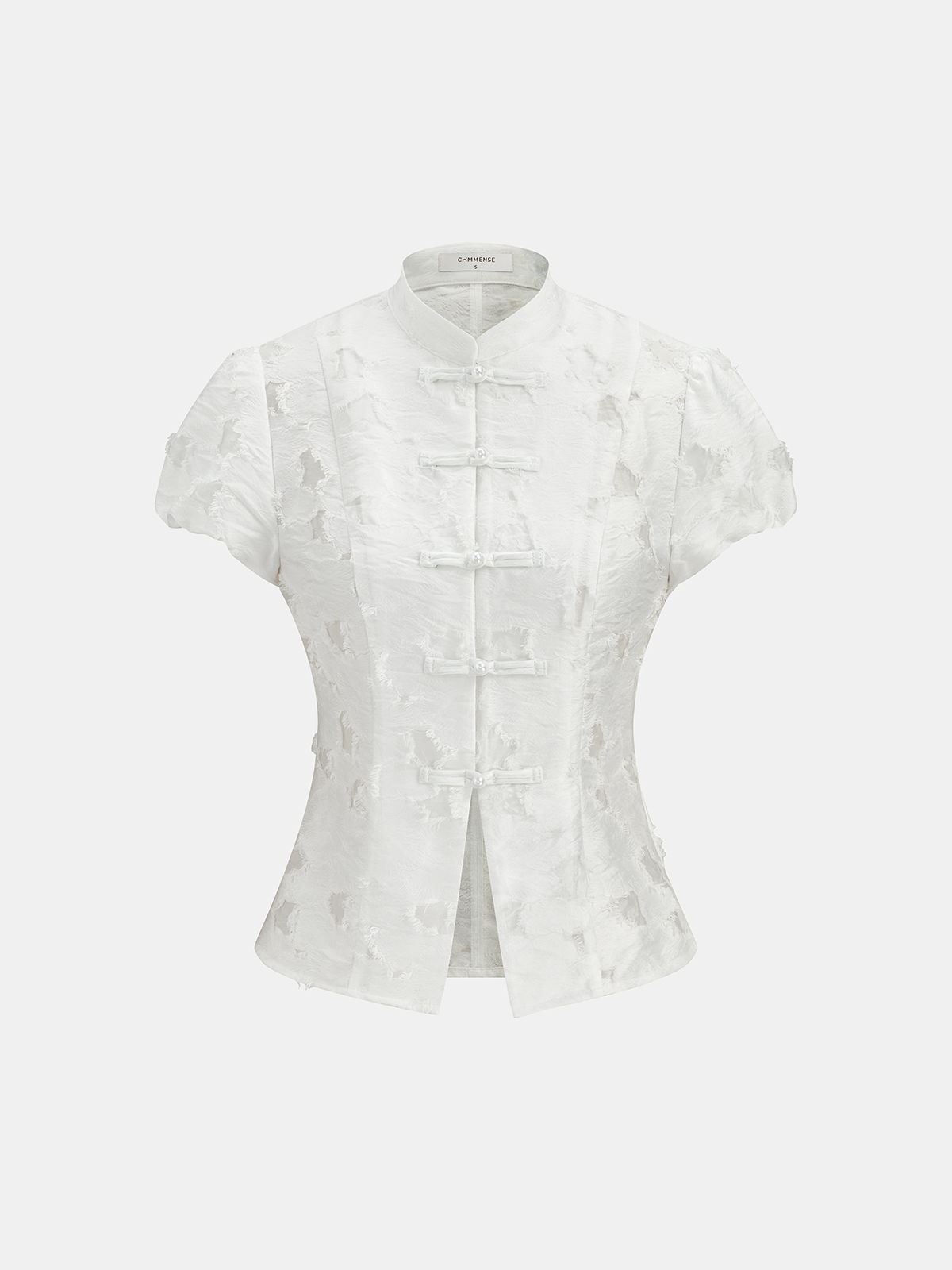 Frog Button Mandarin Collar Textured Blouse