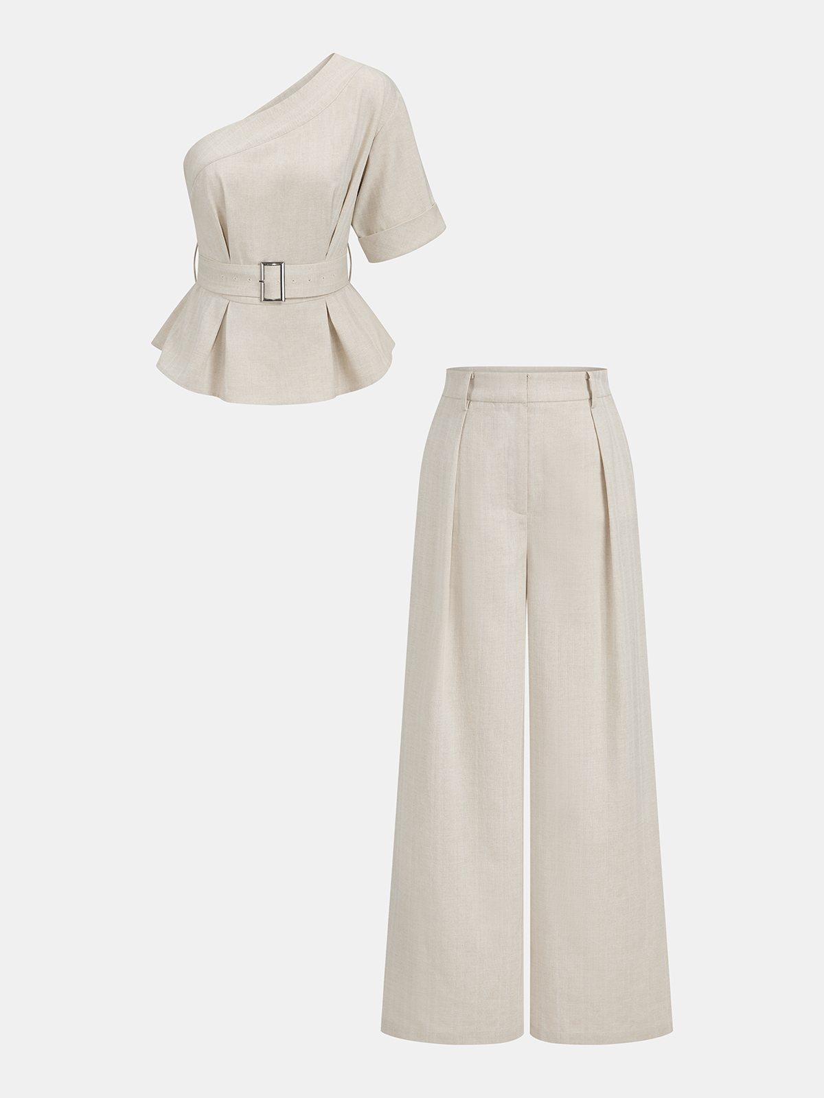 Cotton Linen One Shoulder Belted Top & Pants Set