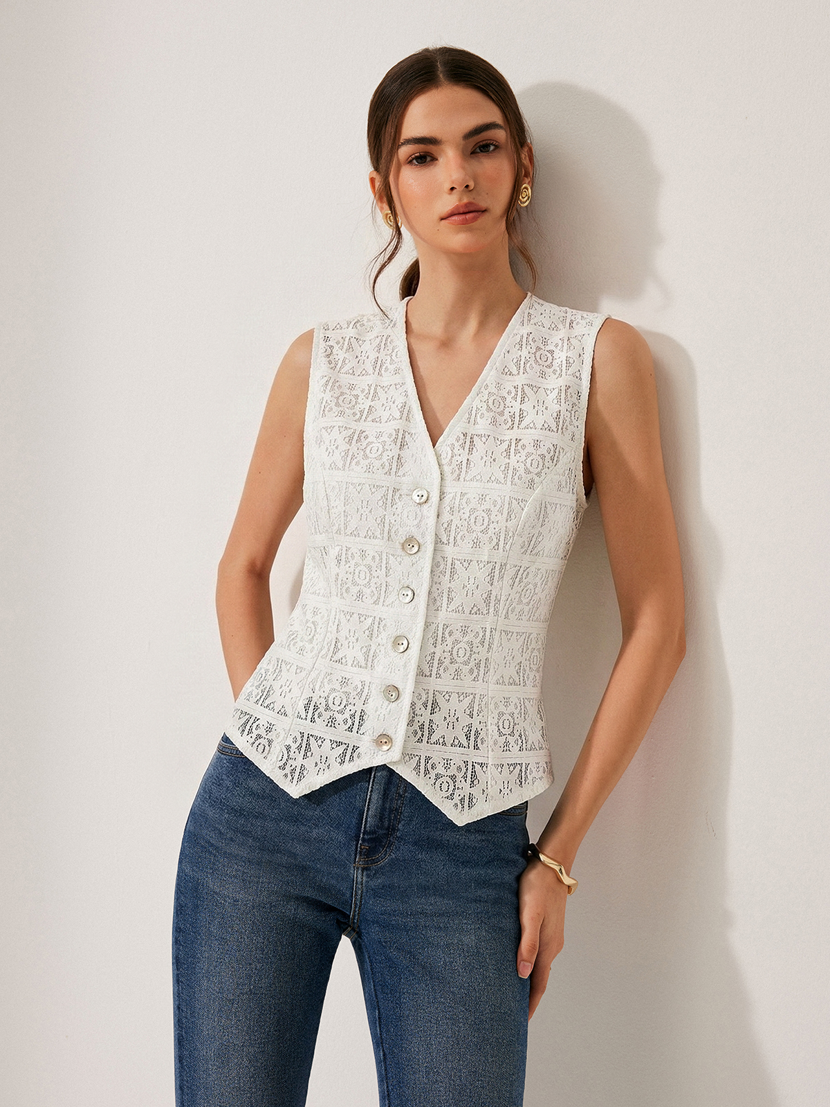 Lace V-Neck Buttoned Vest