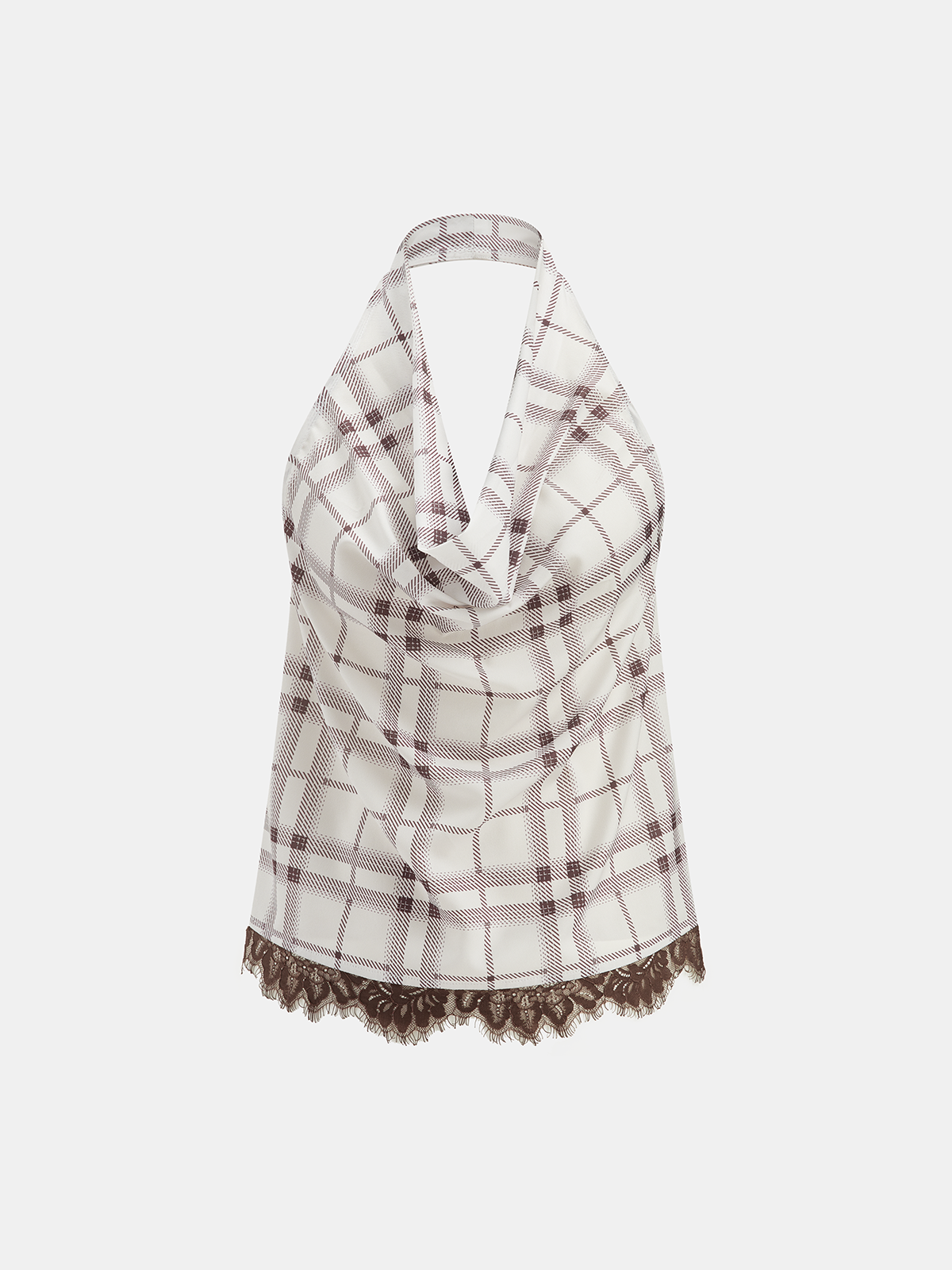 Plaid Cowl Neck Lace Trim Halter Top
