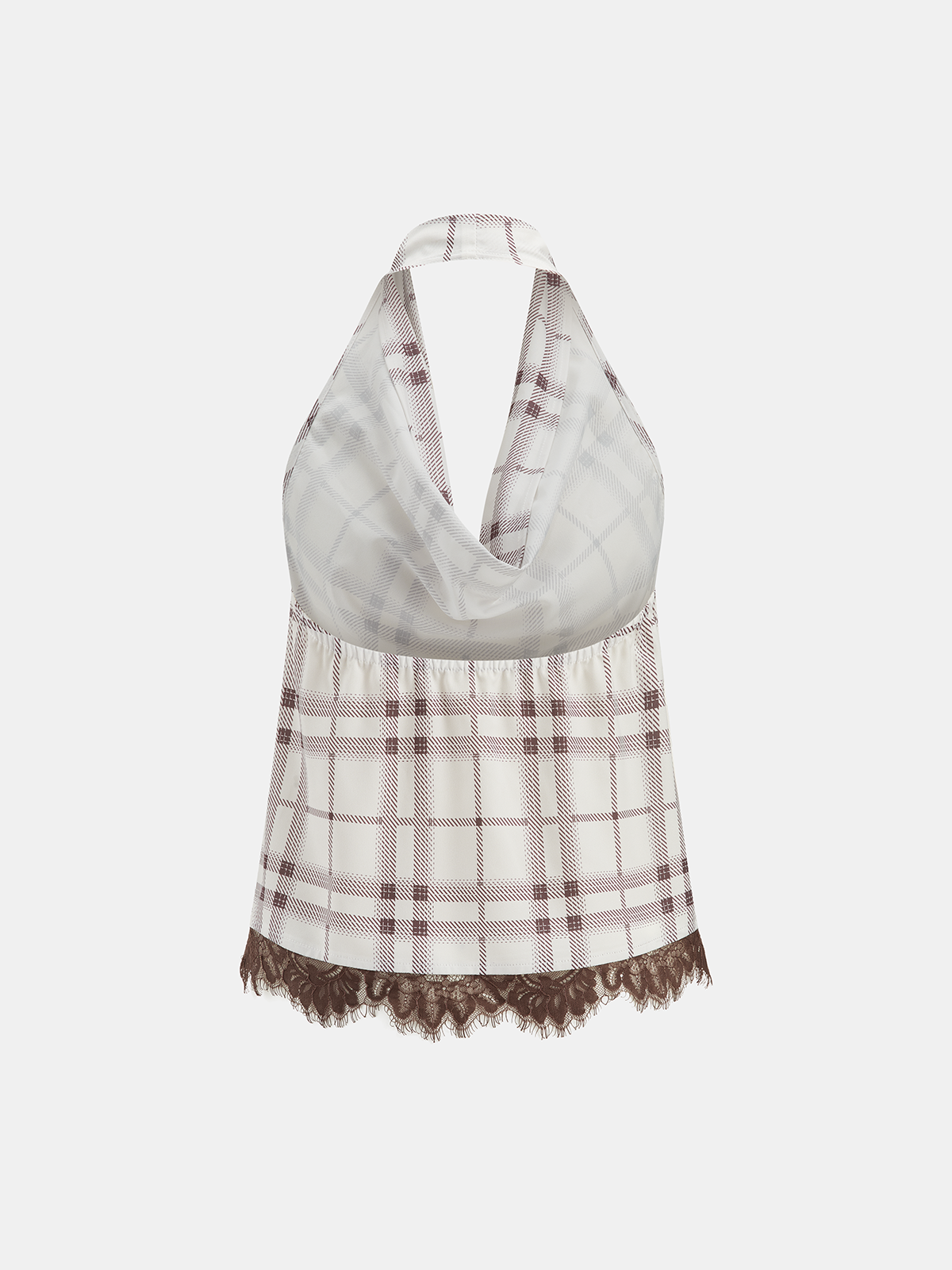Plaid Cowl Neck Lace Trim Halter Top