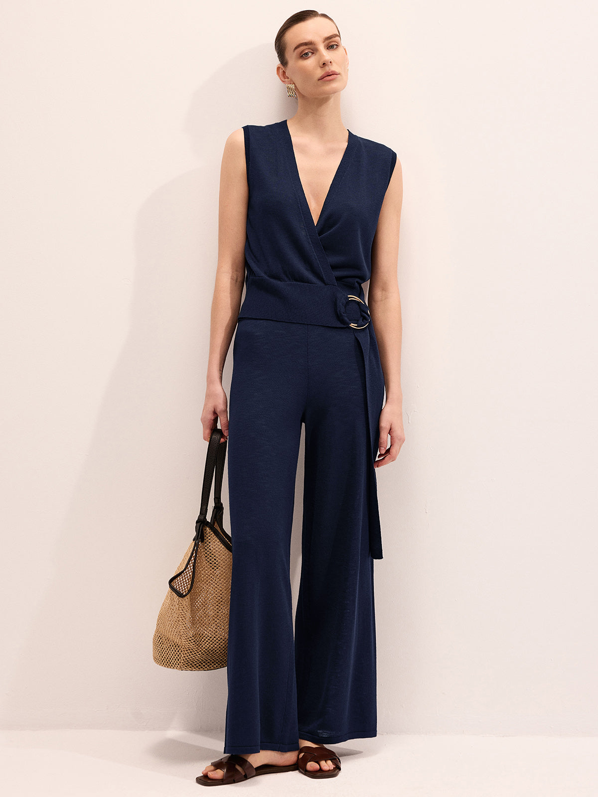 Wrap V-Neck Knit Top & Pants Set