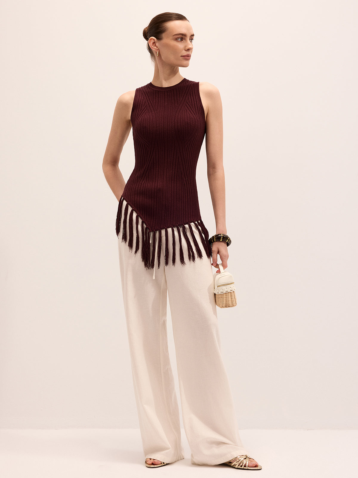 Sleeveless Fringe Hem Ribbed Knit Top