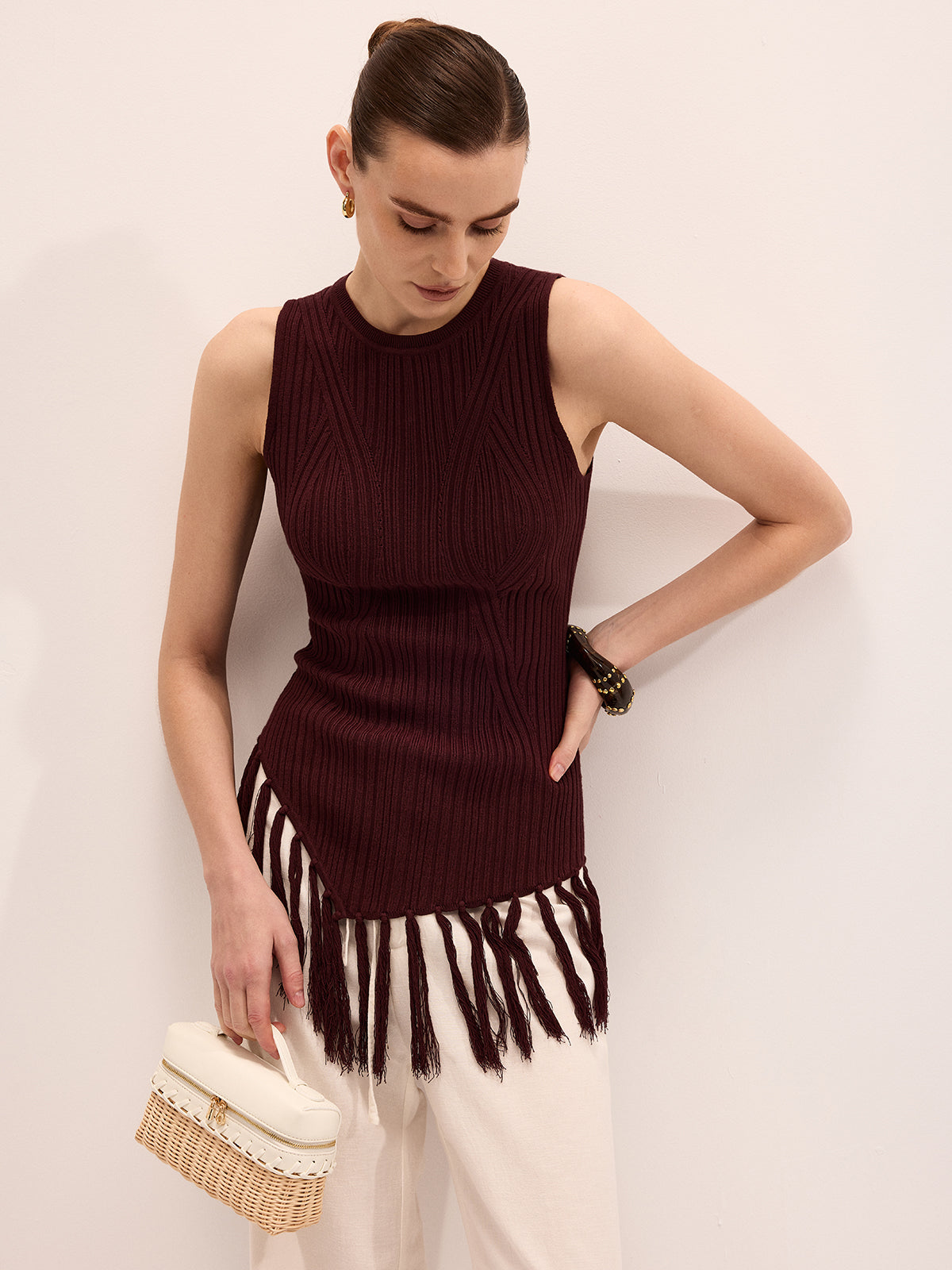 Sleeveless Fringe Hem Ribbed Knit Top