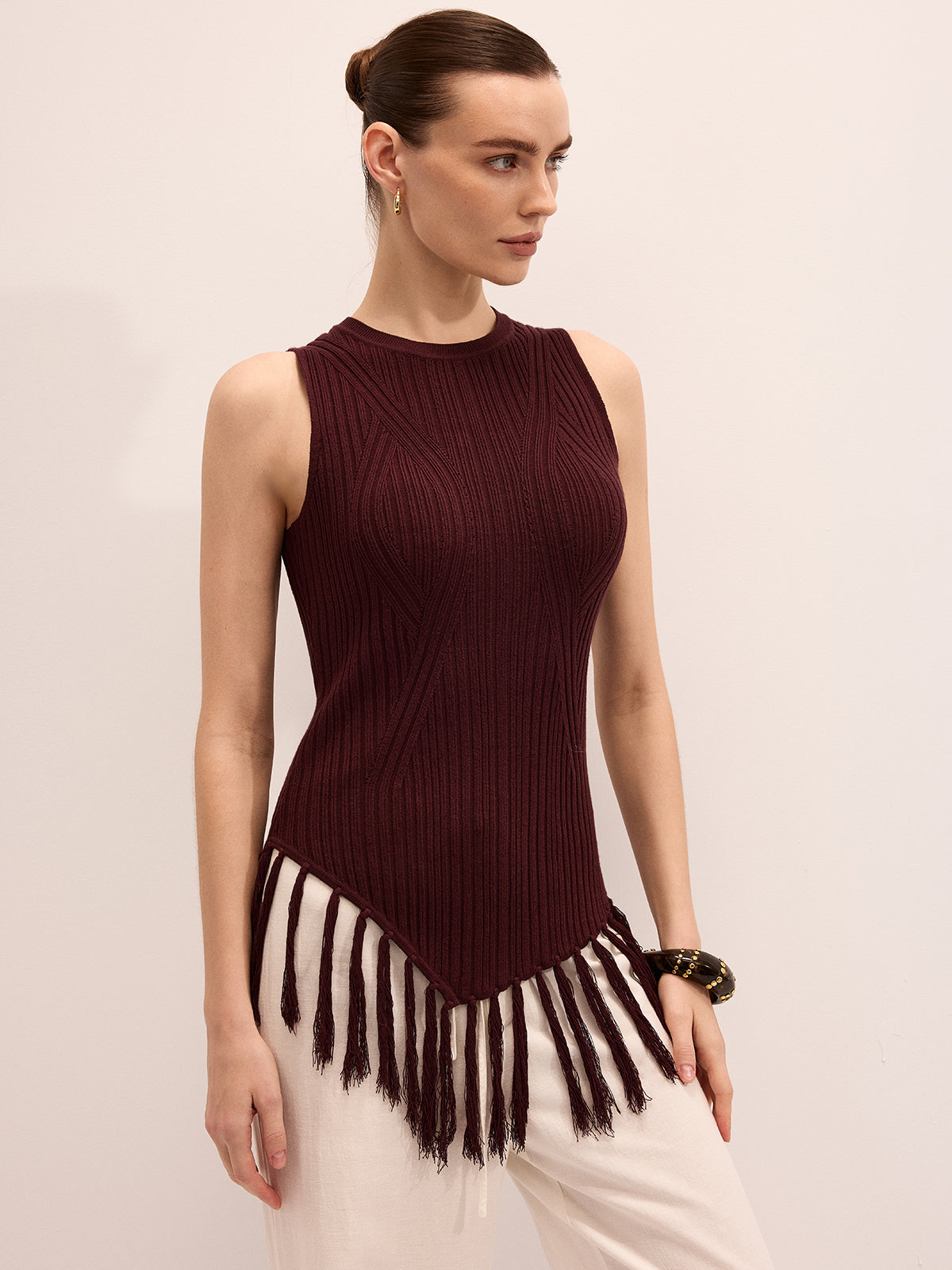 Sleeveless Fringe Hem Ribbed Knit Top