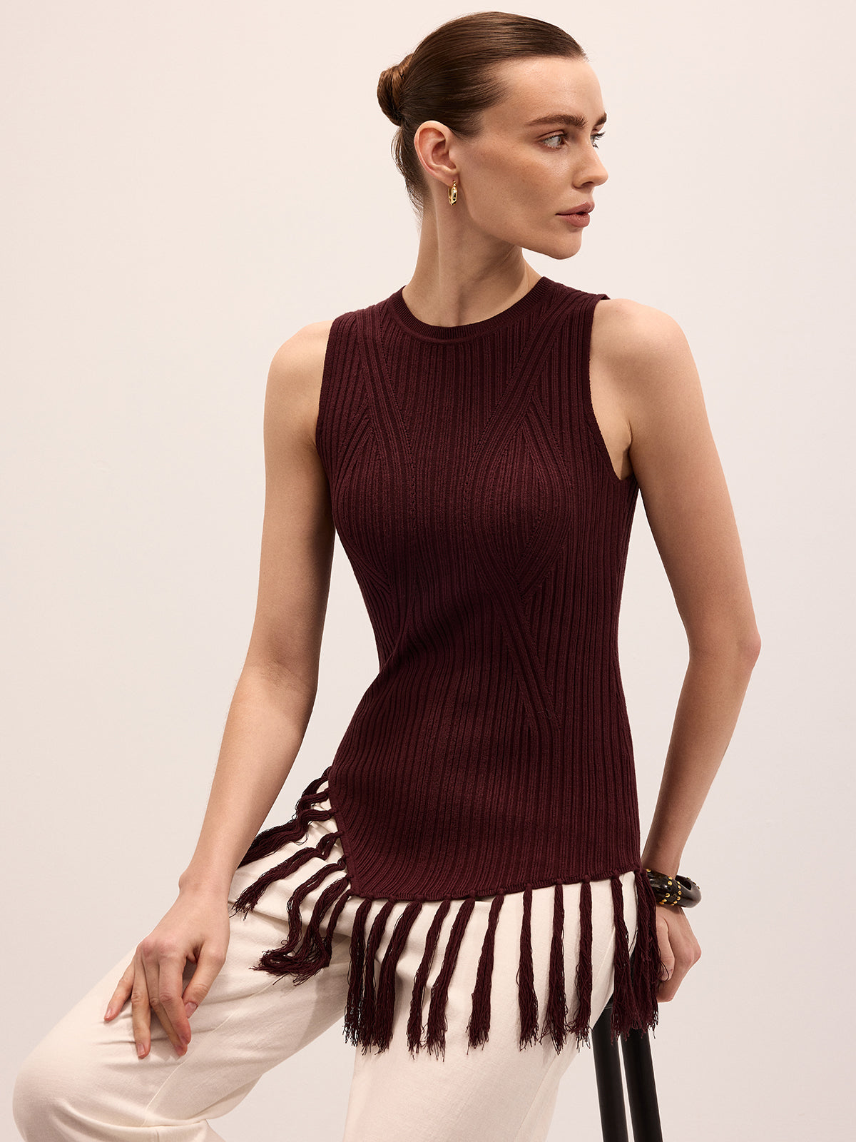 Sleeveless Fringe Hem Ribbed Knit Top